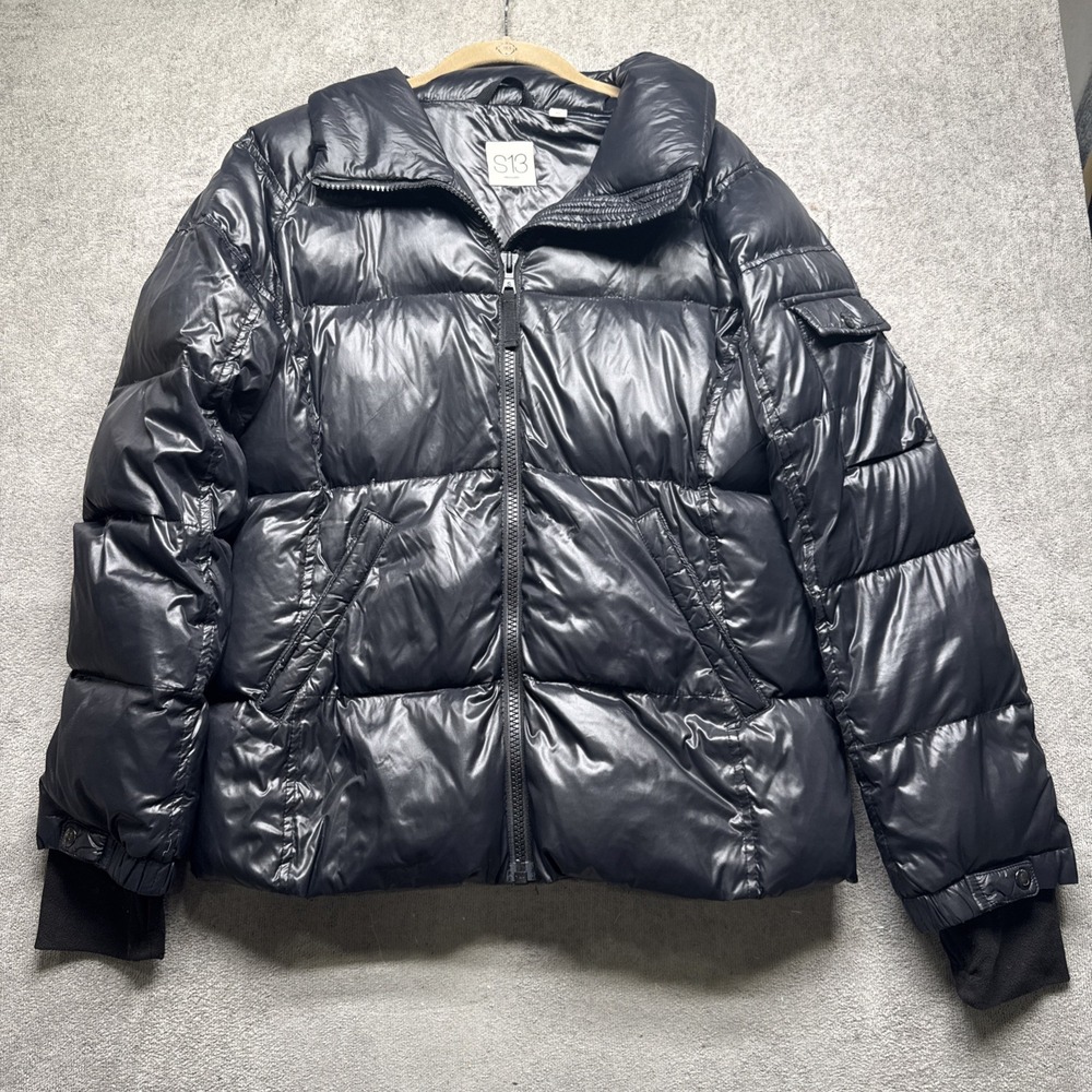 S13 Black Glossy Down Puffer Jacket Women's XL NYC‎ Streetwear Winter Style